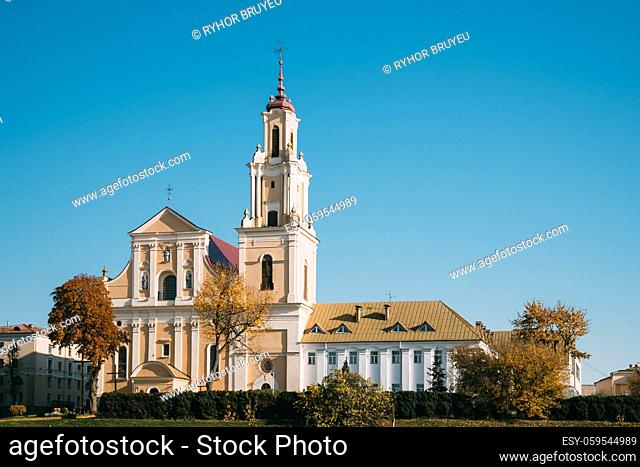 Grodno, Belarus. Catholic Church Of Discovery Of Holy Cross And Bernardine Monastery In Autumn Sunny Day