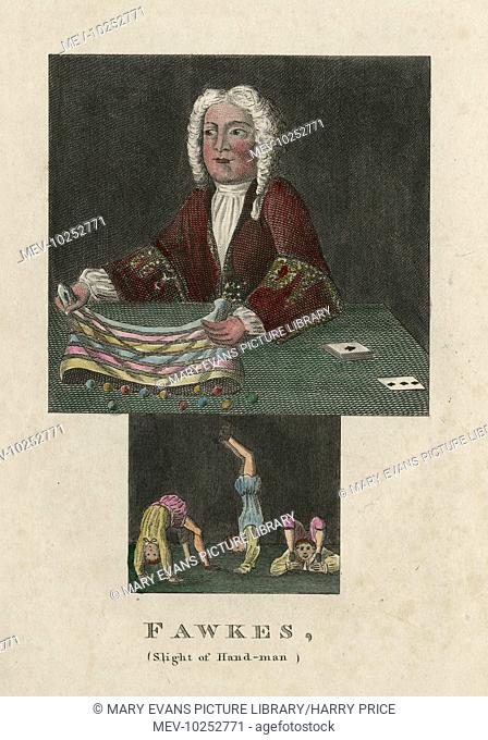 Undated hand coloured engraving of Isaac Fawkes, the ôSlight of Hand Manö, and enlargement of acrobats from Bartholomew Fair print. HPG/8/2/1 (xlii)