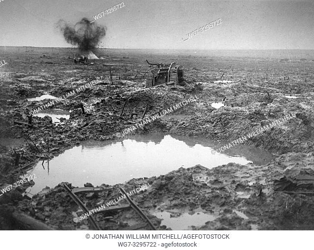 FRANCE Western Front -- c. 1917 -- No man's land. . . A destroyed British Army tank in no man's land on the Western Front during World War I