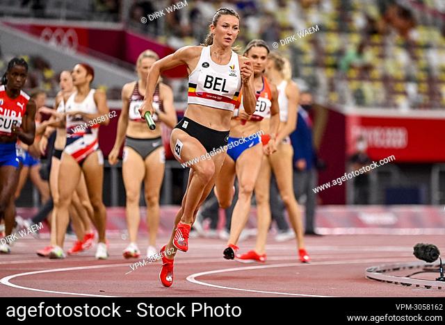 Belgian Paulien Couckuyt pictured in action during the final of the 4x400m women relay race on day 17 of the 'Tokyo 2020 Olympic Games' in Tokyo