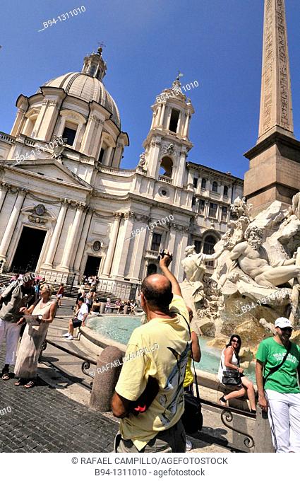 Piazza Navona. Church of Sant'Agnese in Agone, 1652 by Carlo Rainaldi. Fountain of the four Rivers, 1651 by Gian Lorenzo Bernini with Egyptian obelisk