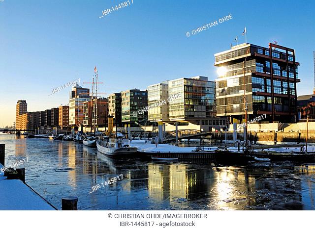 Sandtorhafen harbor and Sandtorkai quay in the Hafencity of Hamburg in winter, Germany, Europe