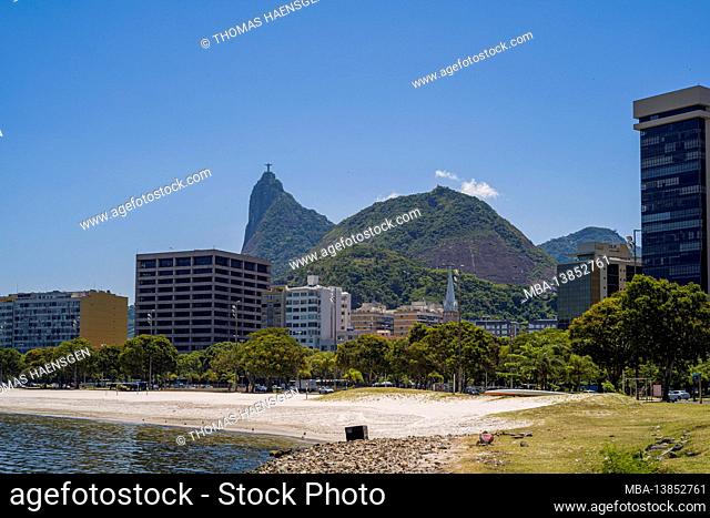 Blue sky view on corcovado mountain with christ redentor and Cityscape with skyscrapers of Botafogo in Rio de Janeiro, Brazil. Shot with Leica M10