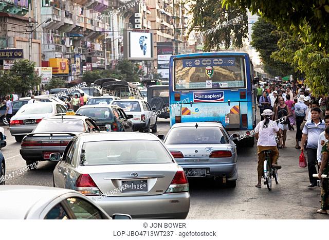 Myanmar, Yangon, Yangon. A typically chaotic traffic jam in Yangon in Myanmar