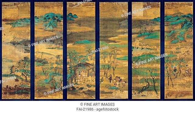 Landscape screen. Anonymous . Gouache on silk. The Oriental Arts. 11th-12th century. Japan. National Museum Kyoto. 146, 4x42, 7. Landscape, Genre