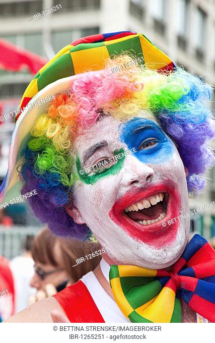 Colourful friendly clown, London, England, United Kingdom, Europe