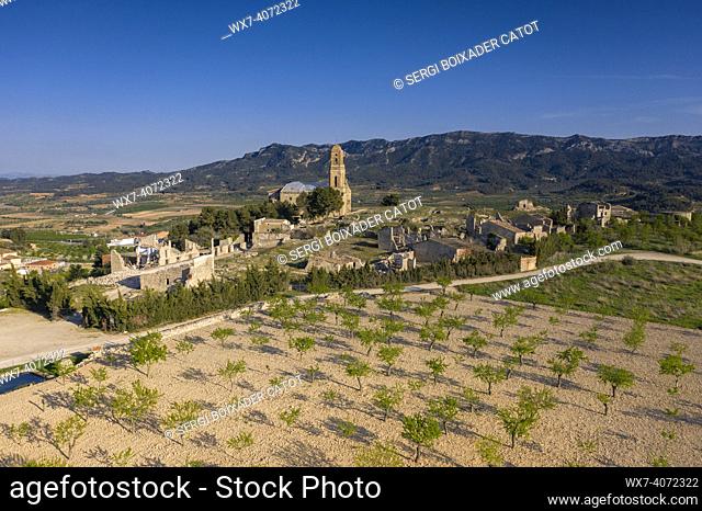 Aerial view of the Corbera d'Ebre old town (Poble Vell in catalan) which was destroyed during the Battle of the Ebro, in the Spanish Civil War (Corbera d'Ebre