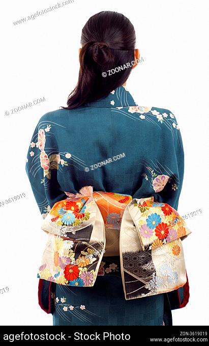 Back view of kimono woman isolated over white background