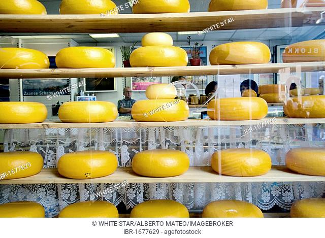 Cheese wheels in a shop on Damrak Street, city centre, Amsterdam, Netherlands, Europe