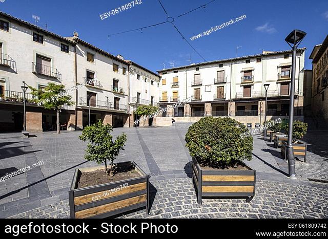 main square with pots in the foreground, Ejea de los Caballeros, Cinco Villas, Aragon, Spain