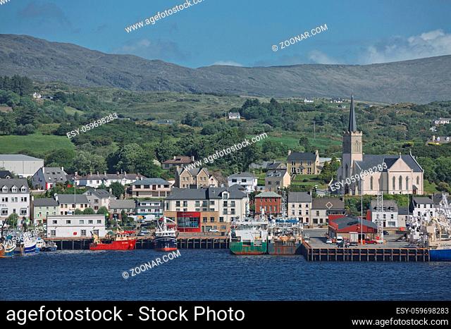 Killybegs, County Donegal, Ireland - June 10, 2017: St. Mary's church and port of Killybegs in county Donegal, Ireland's largest fishing port