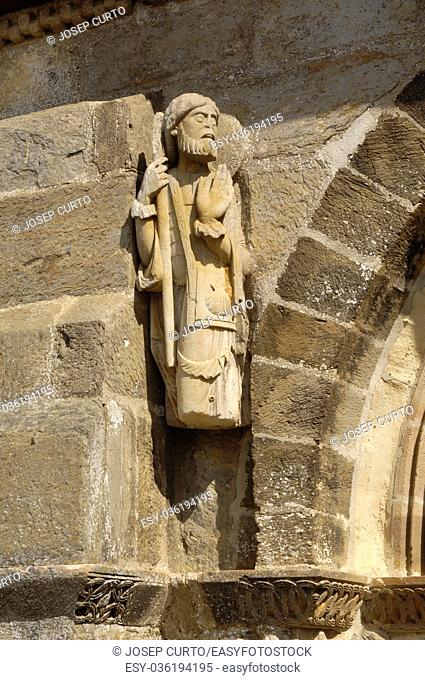 Santiago pilgrim sculpture, Romanesque Church of Santa Marta de Tera XI century, Via de la Plata, Castilla y Leon, Zamora Province, Spain