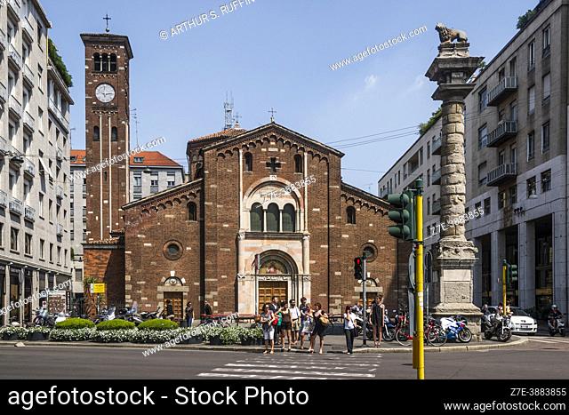 Saint Babylas Church (Chiesa di San Babila) with bell/clock tower and column with lion. Piazza San Babila, Milan, Lombardy, Italy, Europe