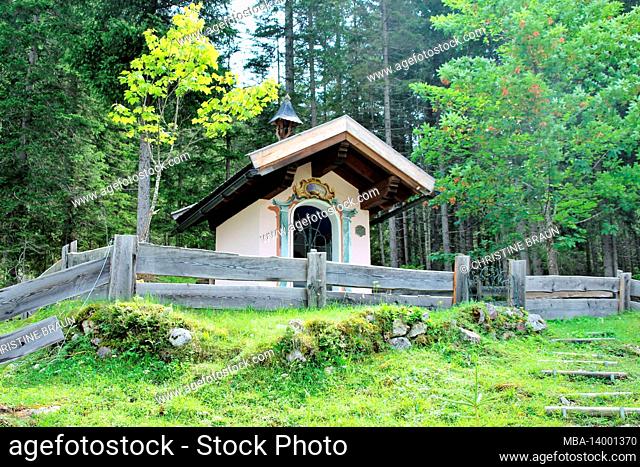 chapel near the official saw in the karwendel, gleirschtal, summer, accessible from scharnitz, belongs to the city of innsbruck, tyrol, austria