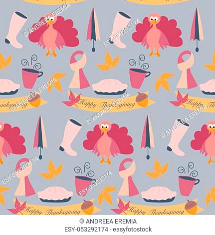 Turkey and autumn elements in a thanks giving seamless pattern