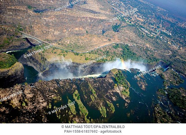 The edge of the Victoria Falls pictured from the Zambian side, following the course of the river through deep gorges in Zimbabwean territory, pictured on 30