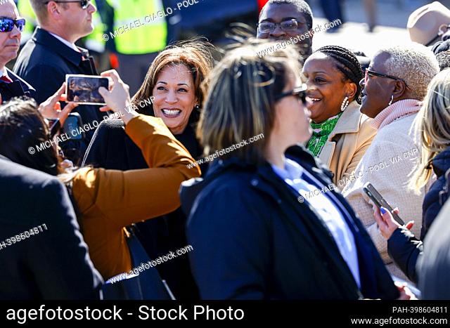 United States Vice President Kamala Harris greets supporters while arriving to Denver International Airport in Denver, Colorado, US, on Monday, March 6, 2023