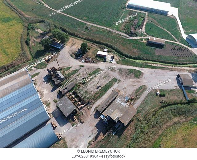 Top view of the hangars. Hangar of galvanized metal sheets for the storage of agricultural products and storage equipment