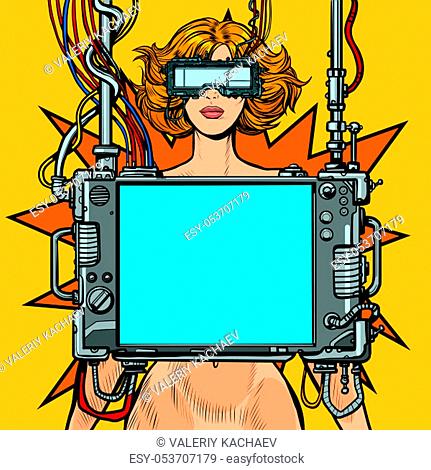 medical research. Cyberpunk naked woman virtual reality concept. Pop art retro vector illustration drawing vintage kitsch