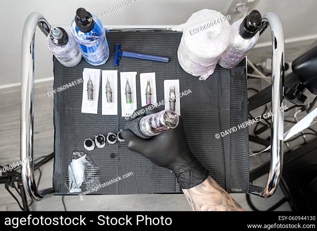 Close up of tattoo artist tools and workplace. High quality photo