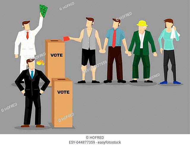 Rich man using money to buy votes. Vector illustration on unfair competition using bribery concept