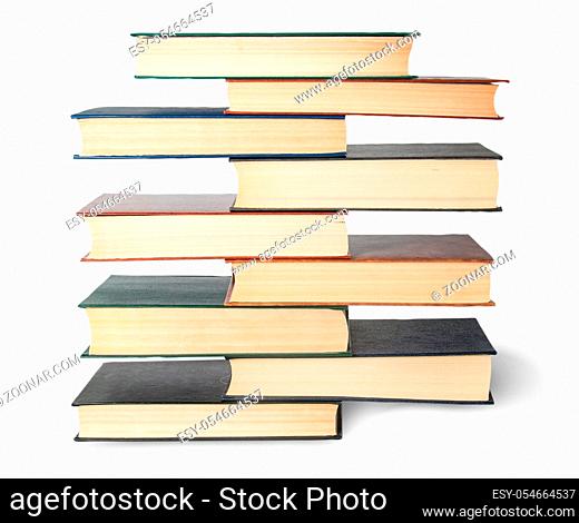 Vertical stack in old books top view isolated on white background