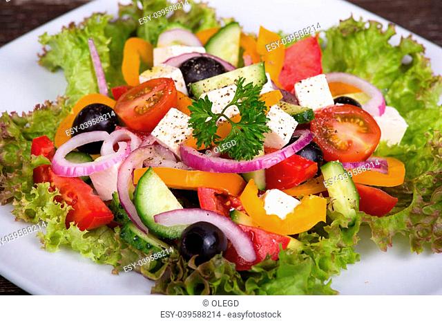 Fresh vegetable greek salad, close up