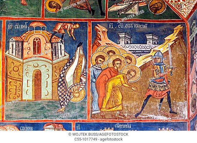 Romania, Moldavia Region, Southern Bucovina, Humor Monastery, interior, Frescos, wall paintings, biblical scenes