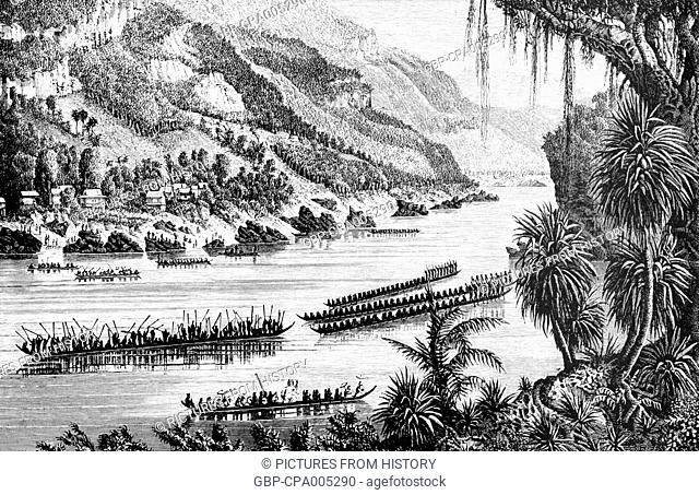 Cambodia: Pirogue boat races on the Mekong River, illustrated by French expeditioner Louis Delaporte in 1866-68
