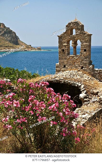 Ruined church on the coast at Limeni, in the Mani peninsular Messinia, Southern Peloponnese, Greece
