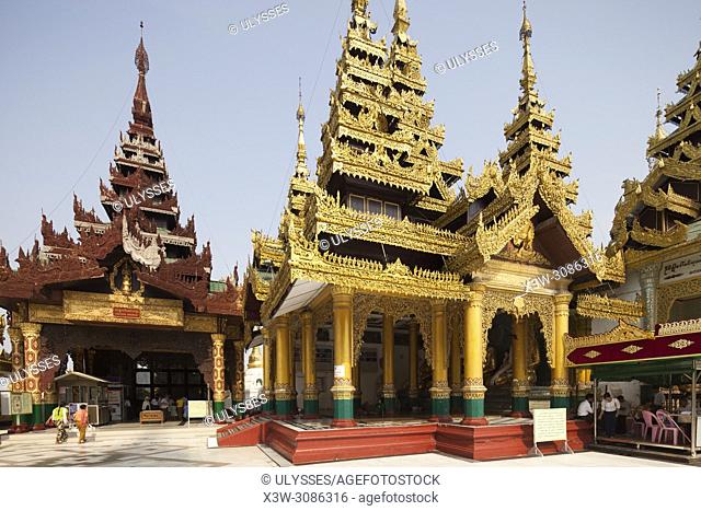 Temples inside the Shwedagon pagoda in the easter stairway area, Yangon, Myanmar, Asia