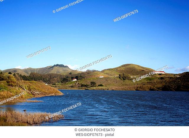 USA, California, San Francisco, Clear blue sky over coastline of Marin Headlands