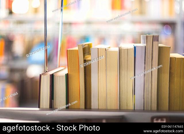 Close up picture of a variety of books in the public library