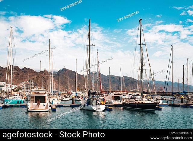 Tenerife, Spain - August, 2019: Sailing boats, motor boats and yachts at Santa Cruz Marina Harbour  in Tenerife