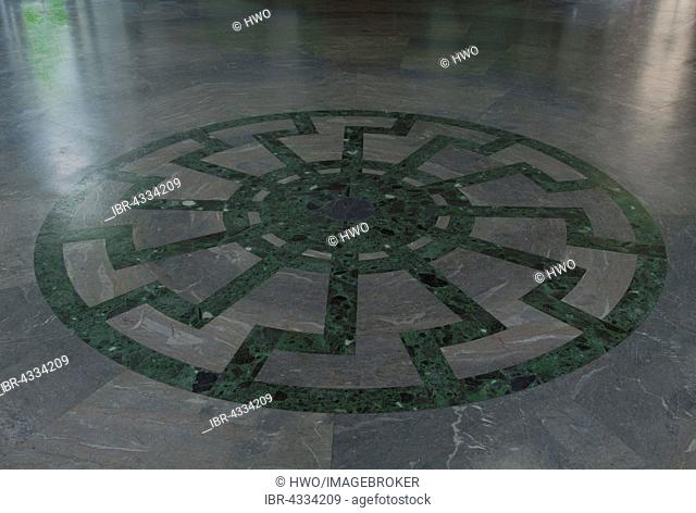 Ornament of the Black Sun wheel mosaic with superimposed swastikas in the floor of Obergruppenführersaal, SS Generals' Hall, Wewelsburg castle