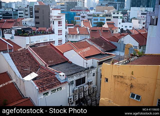 Singapore, Republic of Singapore, Asia - High angle view of a cityscape with traditional shophouses in the city centre at Boat Quay