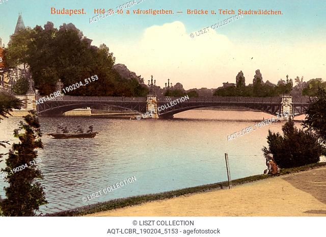 Bridge over the Városligeti lake, Rowboats, 1904, Budapest, Brücke und Teich im Stadtwäldchen, Hungary