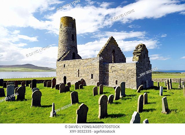 Saint St. Magnus Church, Egilsay, Orkney Islands, Scotland. 12th C Viking Norse round bell-tower tower Christian Saint Magnus’s chapel and graveyard