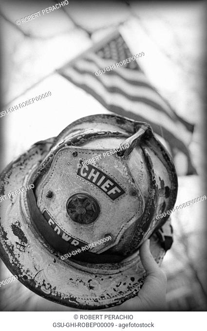helmet fire chief hat and flag