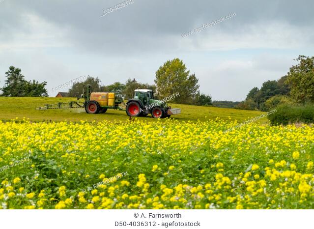 Lolland, Denmark A tractor fertilizing a field