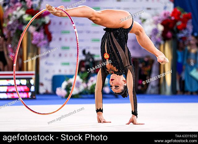 RUSSIA, MOSCOW - OCTOBER 13, 2023: Russia's Lala Kramarenko performs her hoop routine in the individual final at the 2023 Cup of the Strongest international...