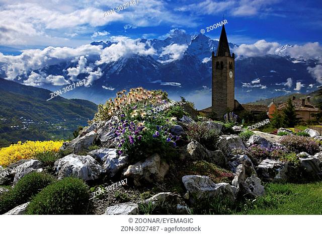 view to the parish church Sant'illario, Aosta valley, Italy