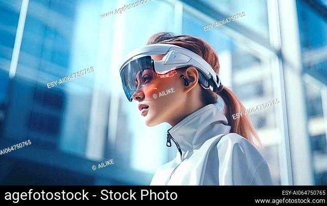 Young woman in virtual reality glasses on the background of skyscrapers