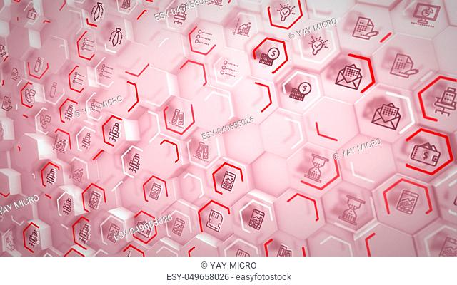 Splendid 3d illustration of business hexagons with pc symbols of staples, screens, hourglasses, linked with each other trough purple stripes in the pink...