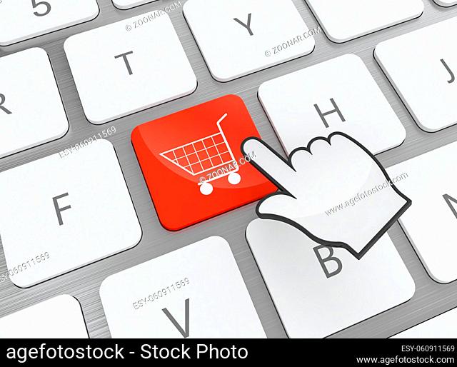 3D illustration of keyboard with red shopping button