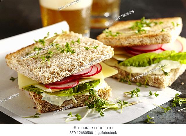 Radish and cheese sandwiches with Gruyere and cress
