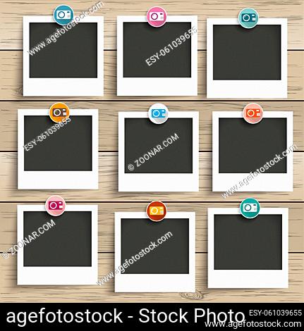 9 photo frames with camera icons on the wooden background. Eps 10 vector file