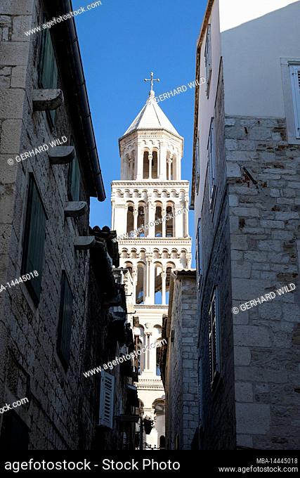 View through an alley to the bell tower of the Cathedral of St. Domnius in Diocletian's Palace, Split, UNESCO World Heritage Site, Split-Dalmatia County