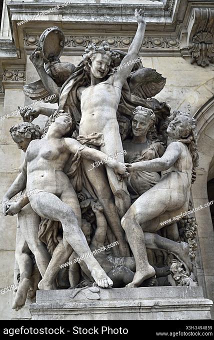 sculpted group The Dance, a copy by Paul Belmondo of the original by Jean-Baptiste Carpeaux, main facade of Opera Garnier or Palais Garnier, Paris