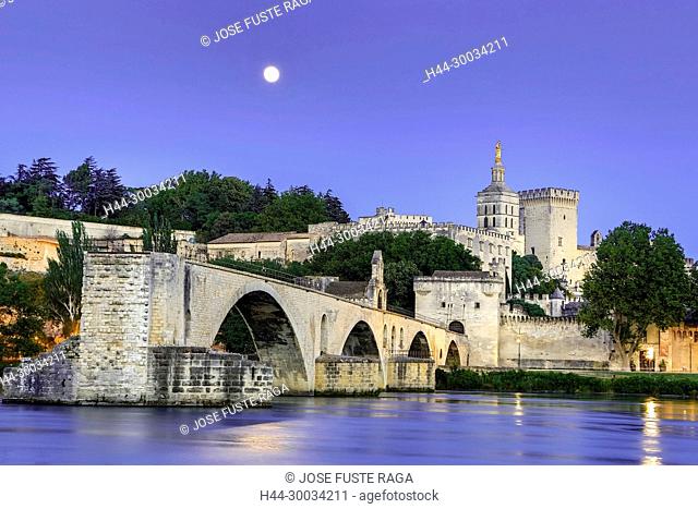 France, Provence region, Avignon city, the Popes Palace , St. Benezet bridge, Rhone river at moonlight